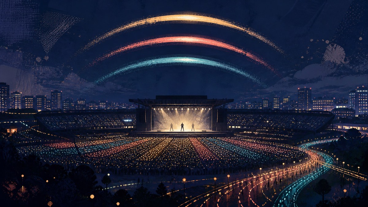 Illustrated stadium with three arcs of light, an anonymous trio and exit routes after a concert