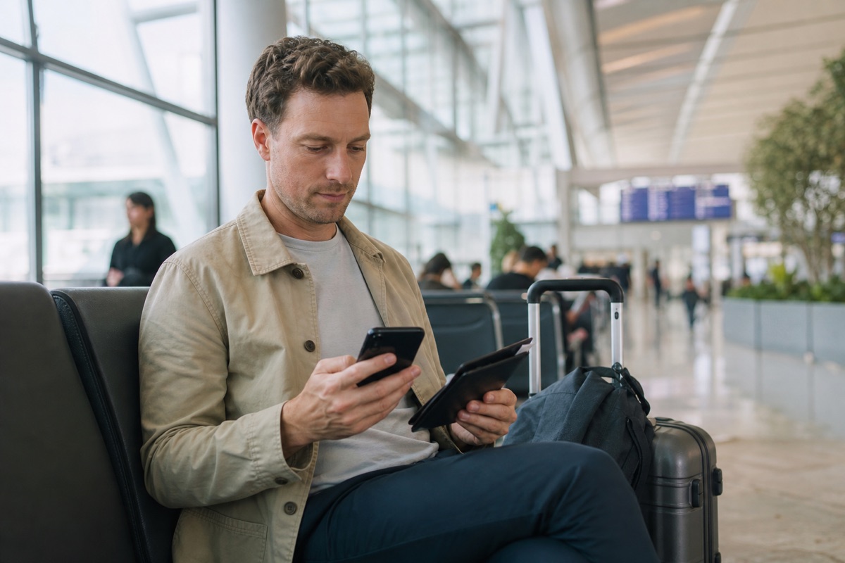 Traveler checking mobile connectivity with luggage in a Korean airport