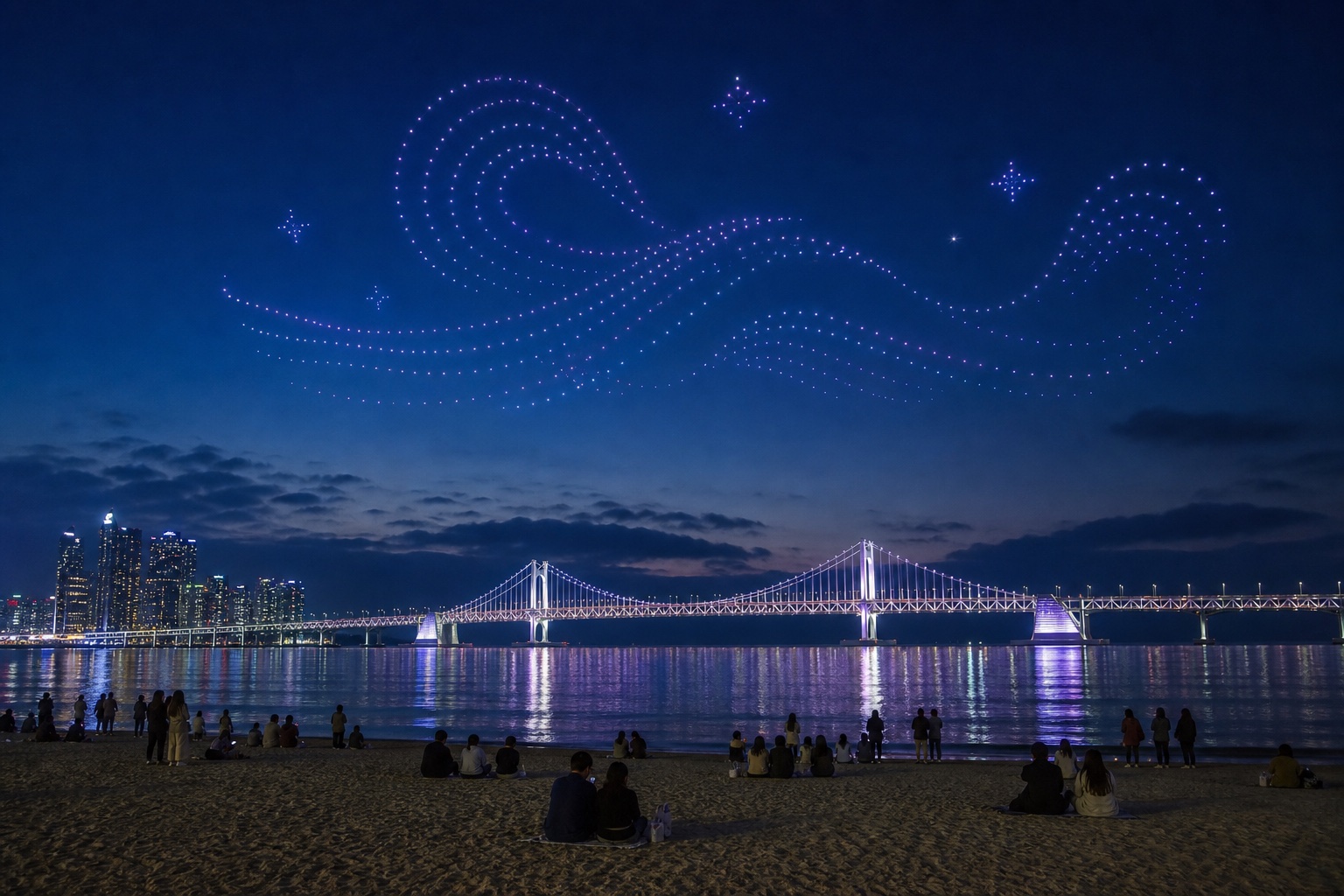 Editorial illustration of a drone light show over Gwangalli Beach and Gwangan Bridge in Busan