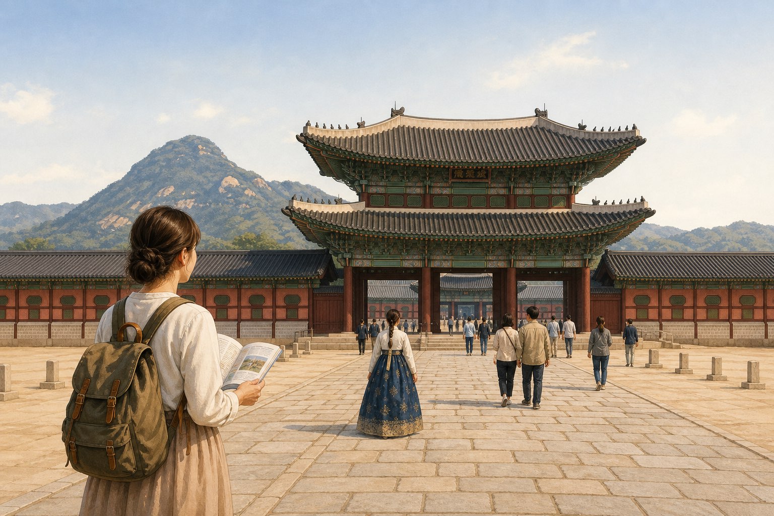 Editorial illustration of visitors approaching Gyeongbokgung Palace in Seoul