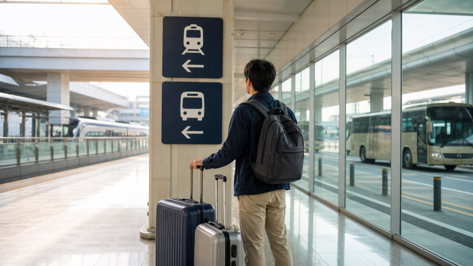A traveler with luggage chooses between airport rail and an airport bus at a transport center.