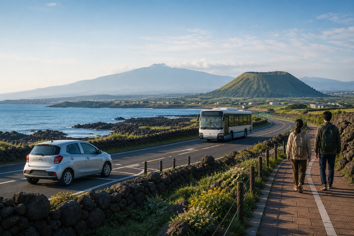 Car, public bus and travelers on a marked coastal path in Jeju