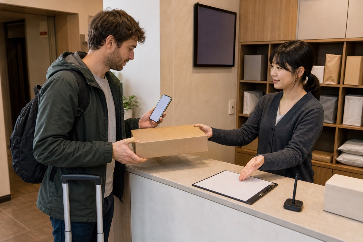 A traveler collects an unlabeled parcel from a staffed accommodation reception desk