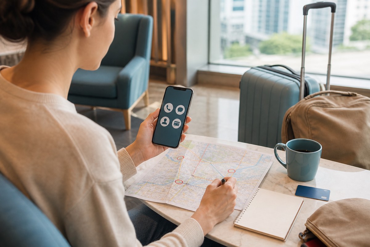 Traveler checking phone, message, identity and payment barriers while marking an offline Korea map