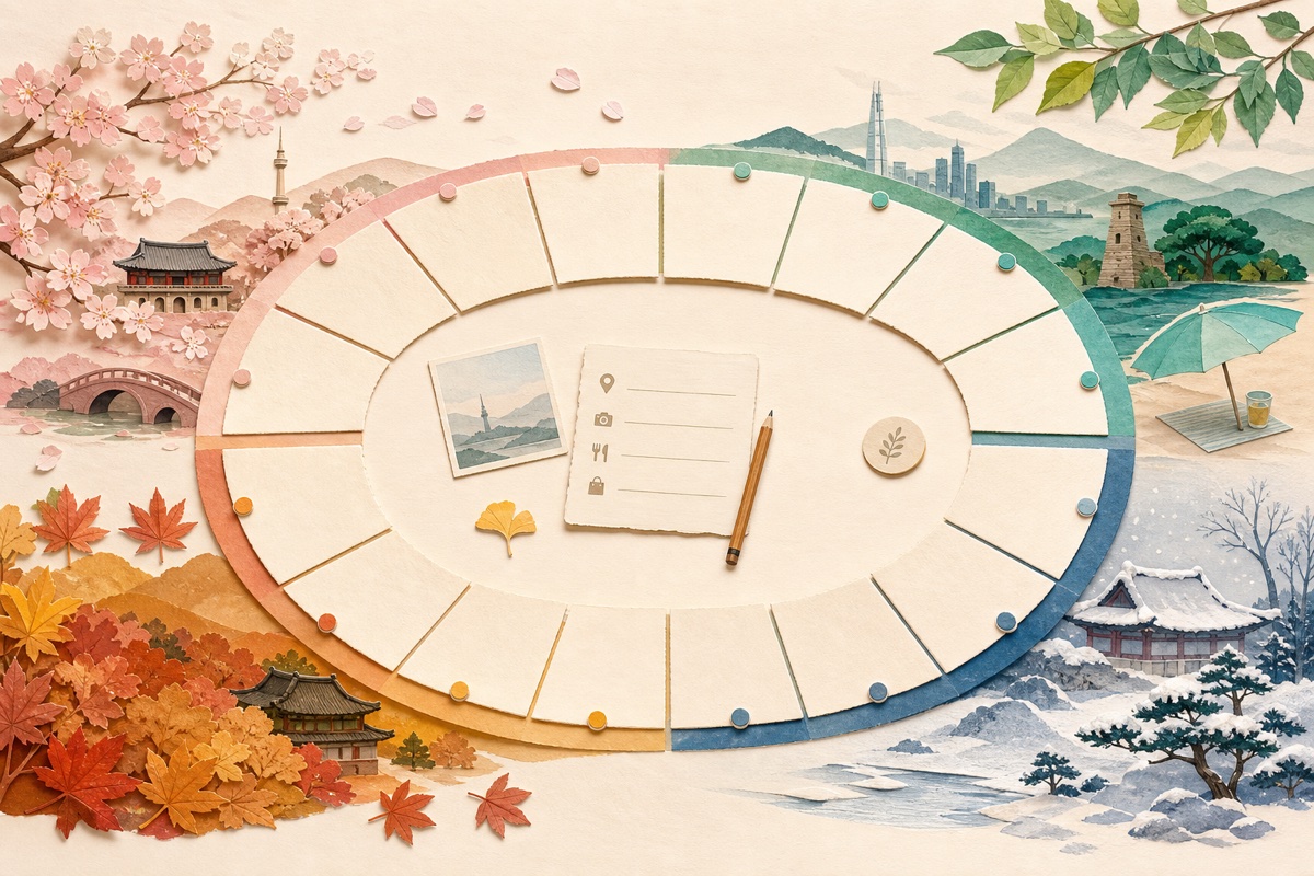 Twelve-part Korea travel planner surrounded by balanced spring, summer, autumn and winter scenes
