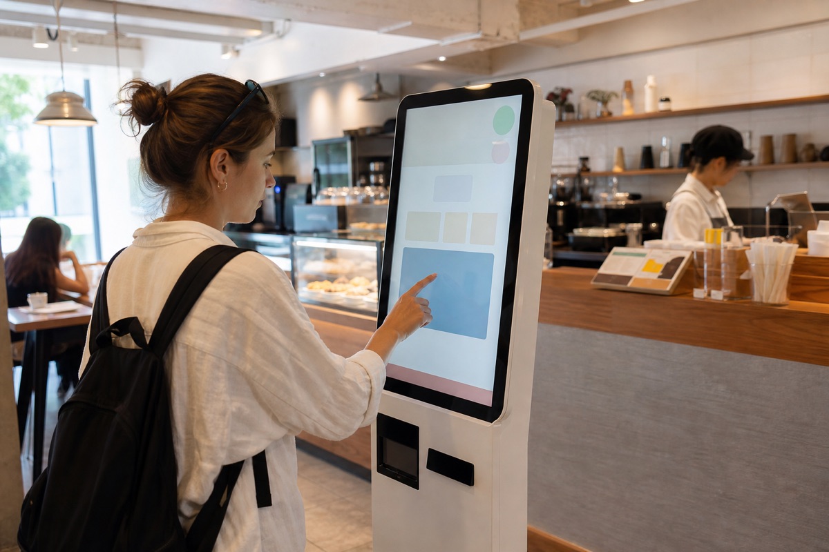 International visitor using a touchscreen ordering kiosk in a Korean cafe
