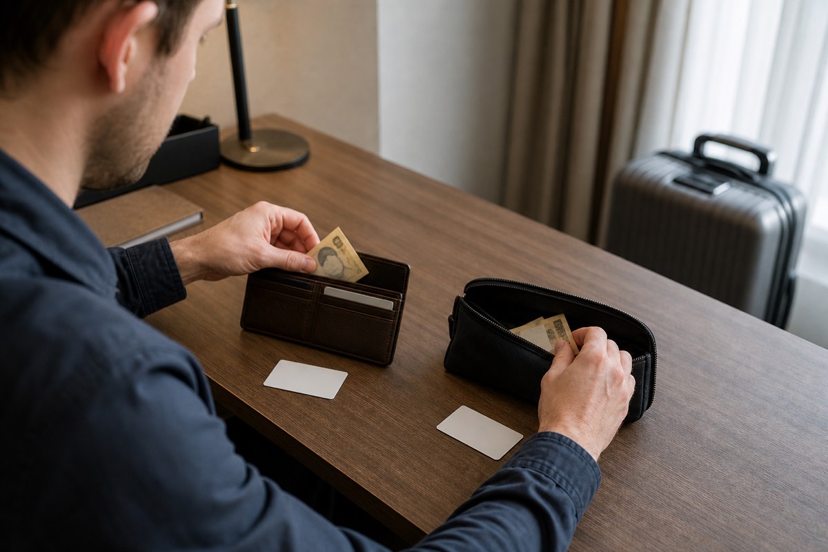 A traveler splits modest cash and backup cards between a wallet and a separate pouch