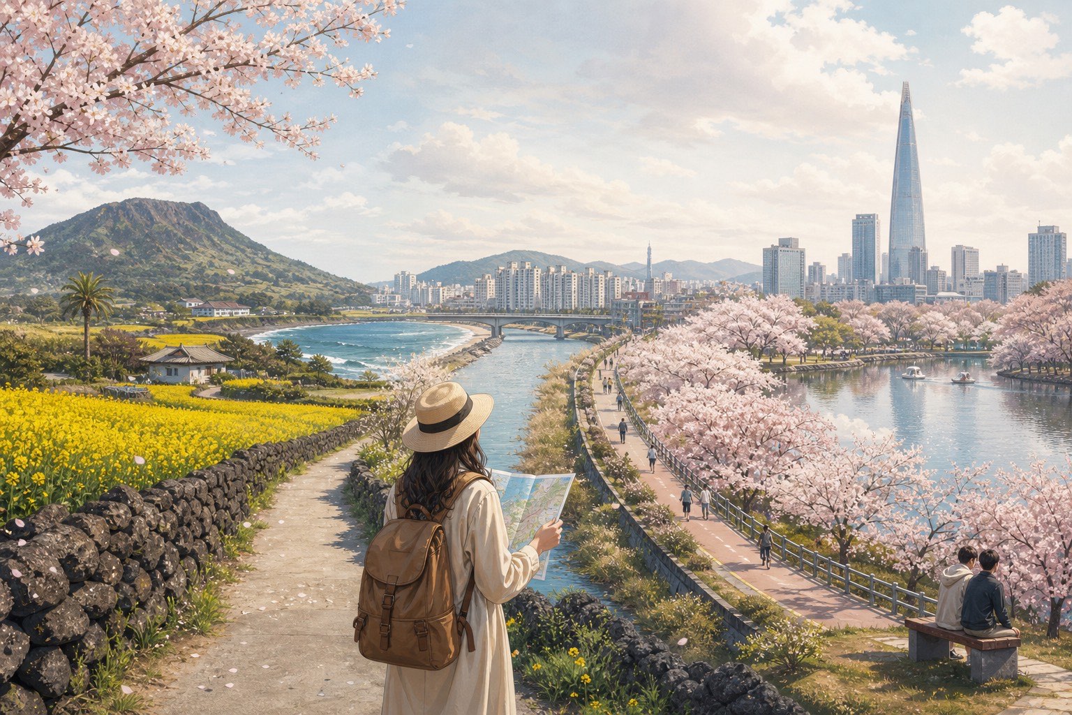 Editorial illustration of a traveler planning spring blossom routes across Jeju, Busan and Seoul