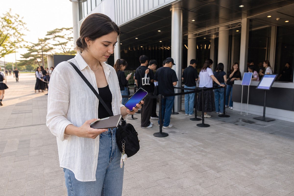 A concert visitor checks a document holder and phone before joining an official venue queue