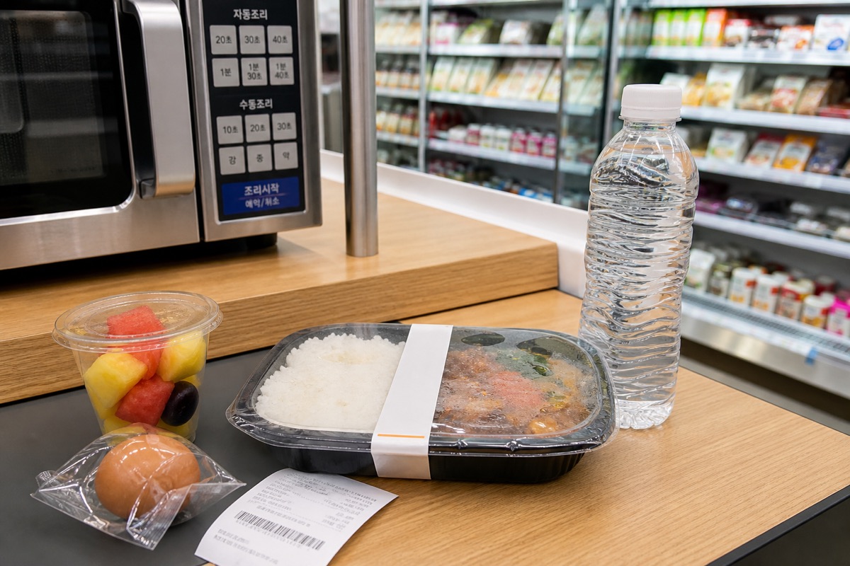 A packaged rice meal, egg, fruit and water beside a Korean convenience-store microwave