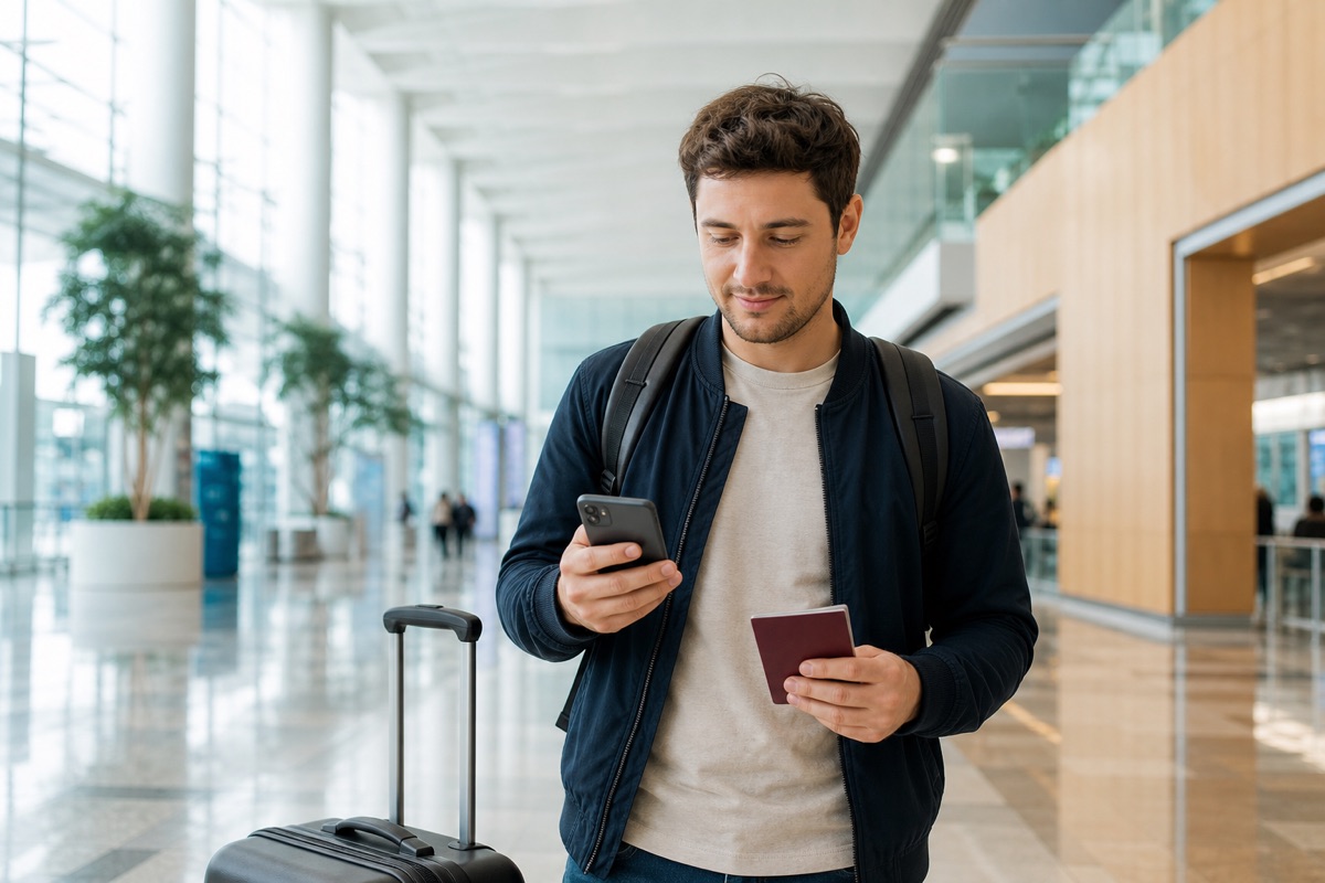 International traveler checking a phone while holding a closed passport at an airport