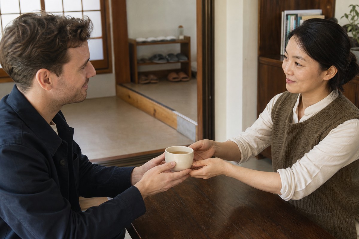 A traveler receives a plain cup with two hands in a Korean guesthouse