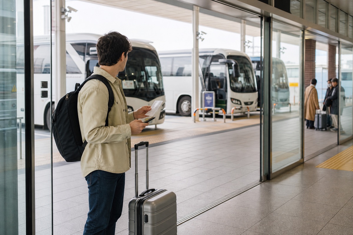 A traveler checks a ticket and phone beside long-distance coaches at a Korean bus terminal