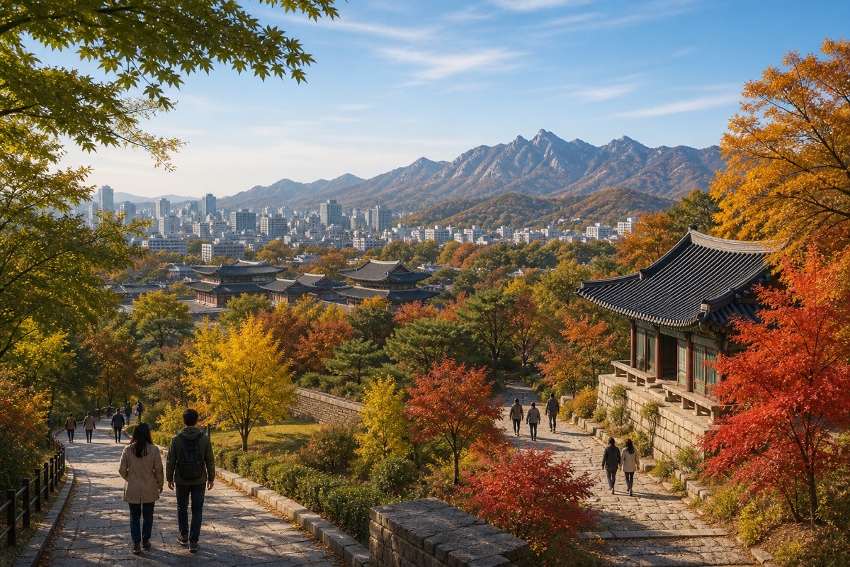 Korean city, palace, mountain and park landscapes showing different stages of autumn color