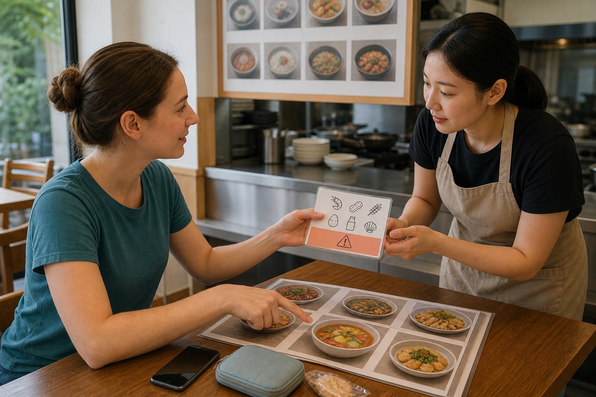 Traveler showing a picture-based allergy card while pointing to one Korean restaurant dish
