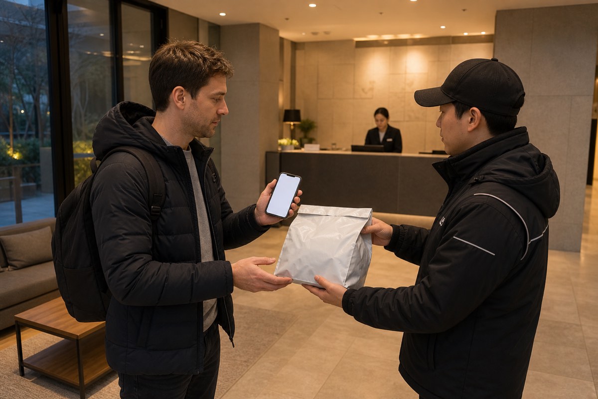 A visitor receives a sealed food delivery at a Korean hotel lobby entrance