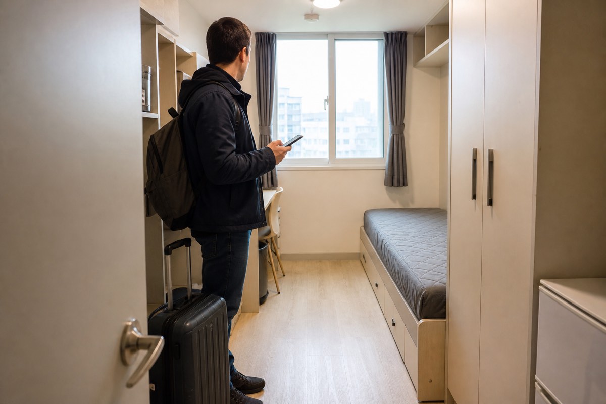 A traveler checks the window and clear exit path inside a compact Korean goshiwon room
