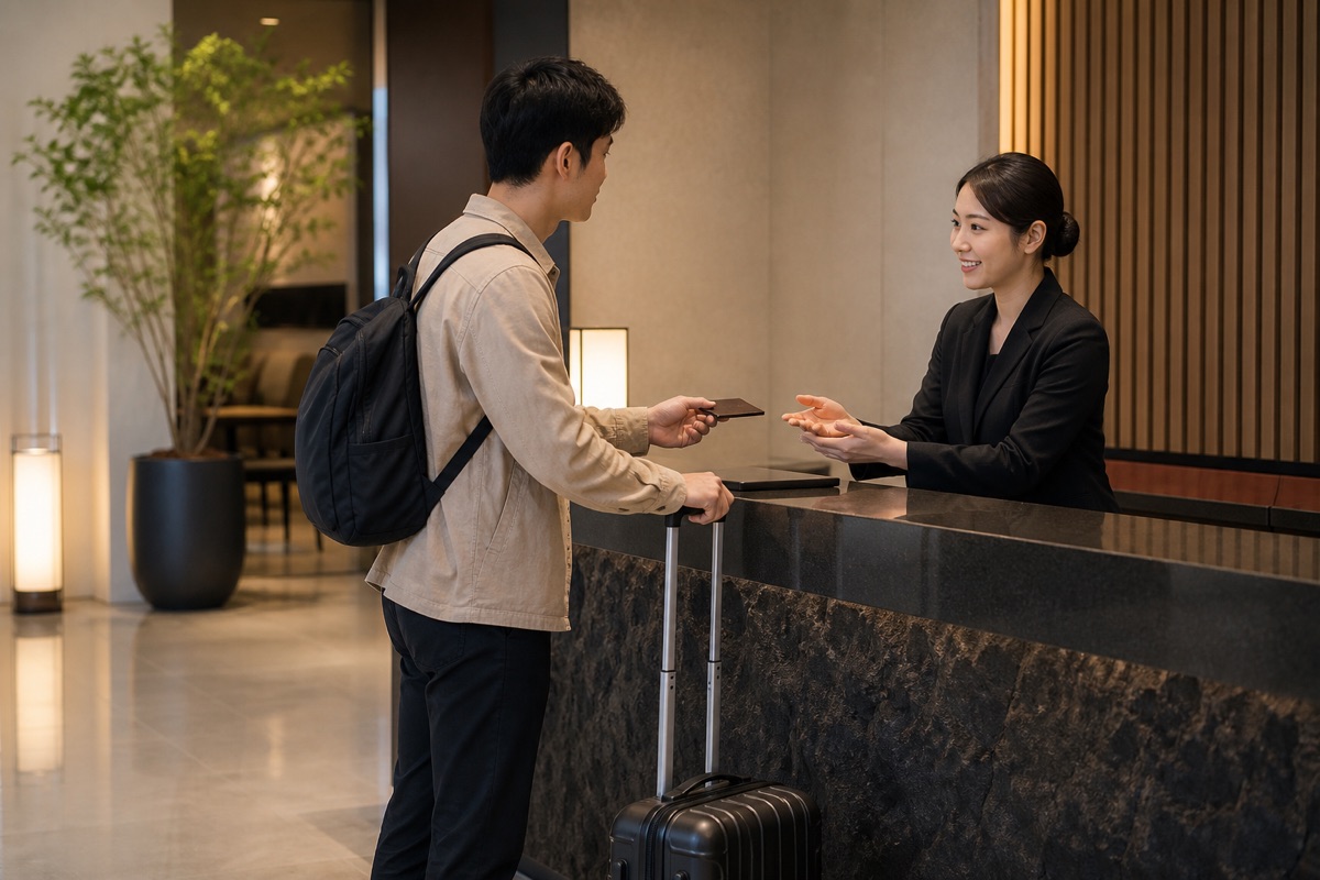 Traveler with luggage presenting a closed passport at a hotel reception desk