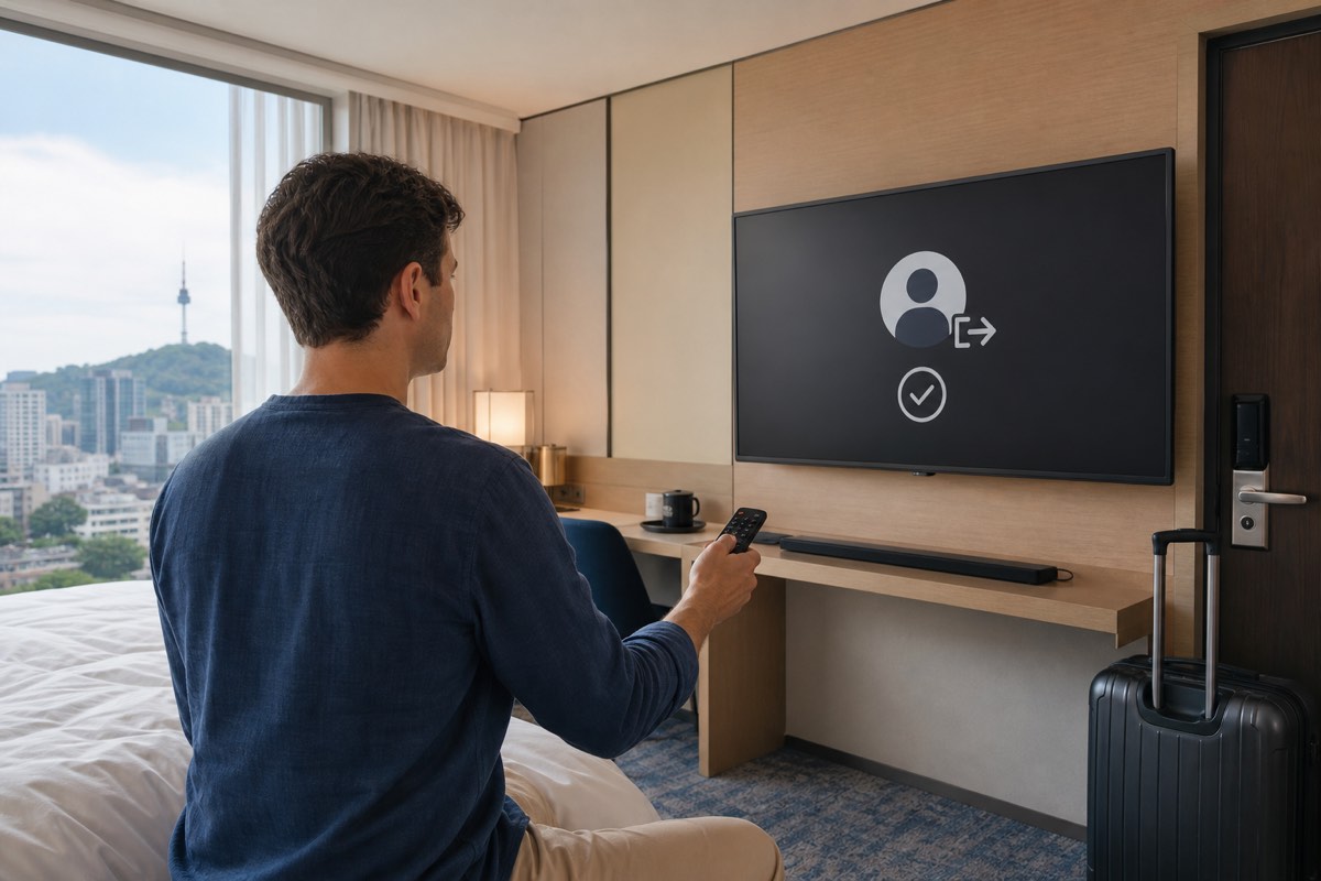 Traveler holding a remote while signing out of a hotel television before checkout in Seoul