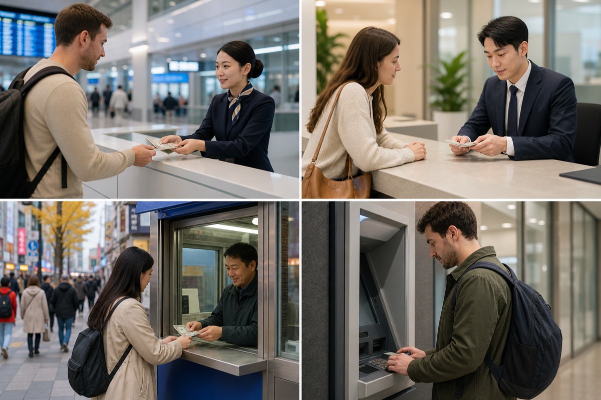 Travelers comparing an airport counter, bank, exchange booth and ATM for Korean won