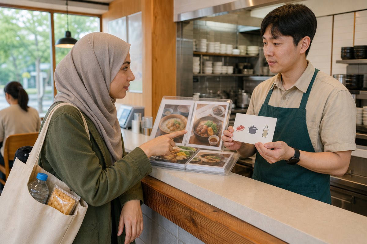 Muslim traveler pointing to one Korean dish while staff explains meat, cookware and cooking liquid