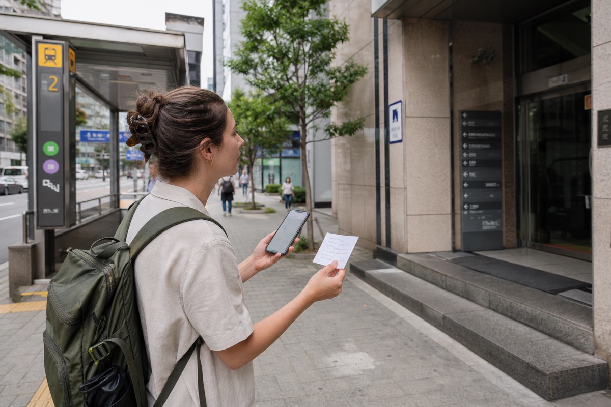A traveler compares a phone route with a written address beside a Korean subway entrance