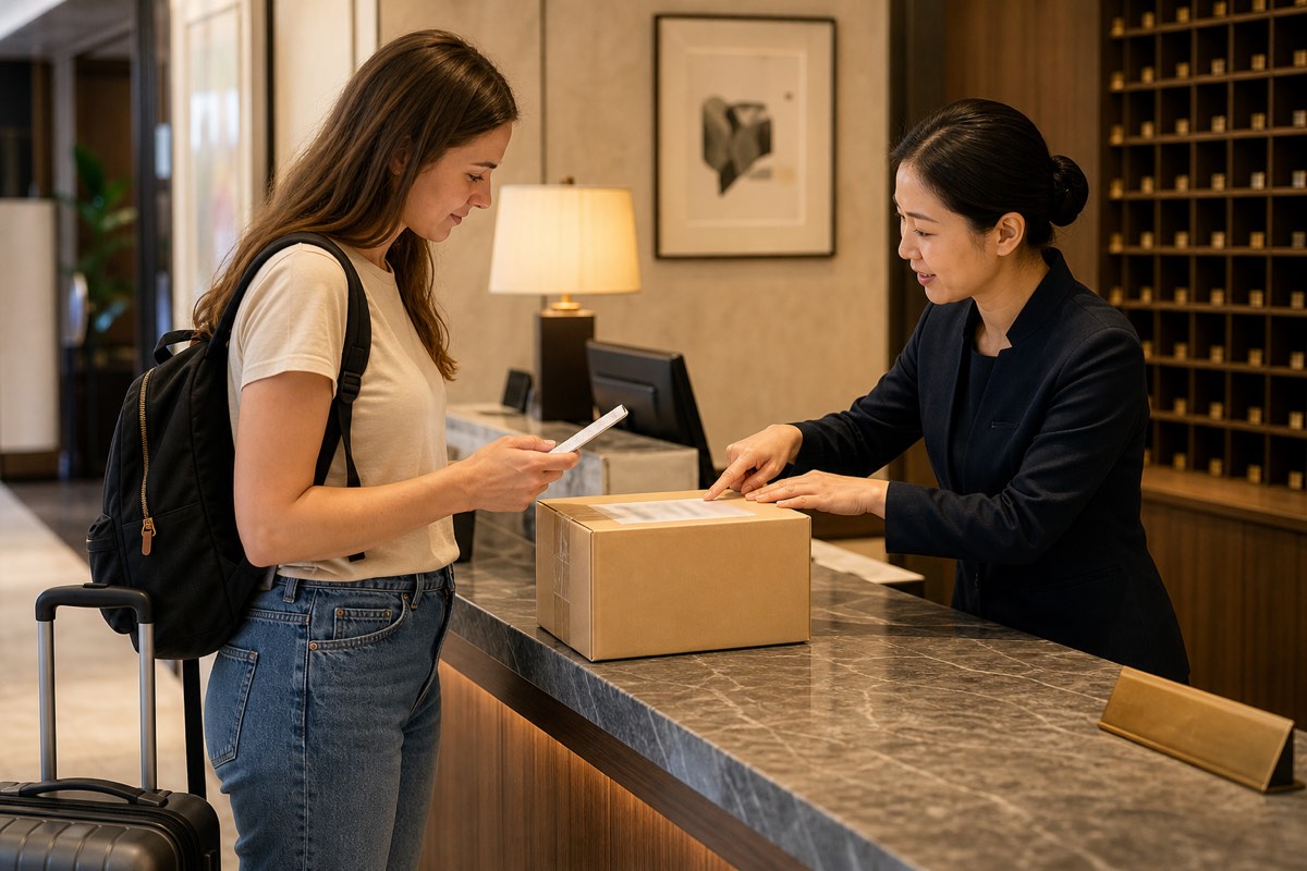 A traveler confirms a parcel with hotel staff at a Korean accommodation reception