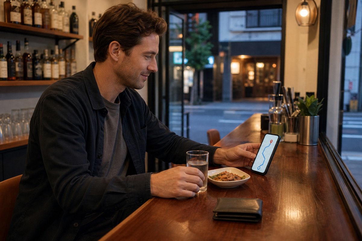 Solo traveler at a Korean counter bar with water, food and a route home on the phone