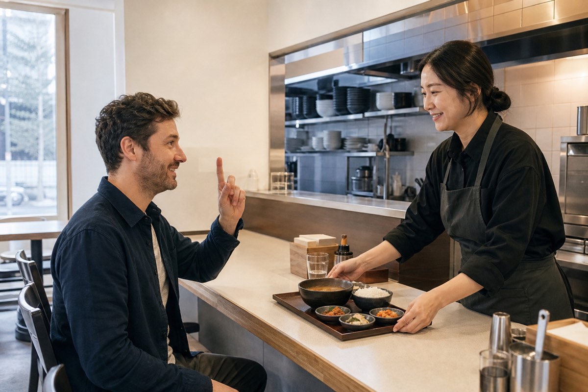 A solo visitor confirms one-person dining at a Korean restaurant counter