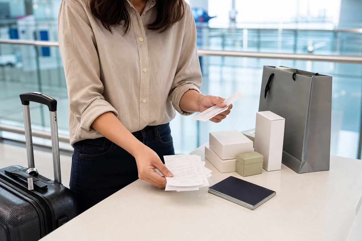 Traveler organizing shopping receipts and unopened purchases before airport departure