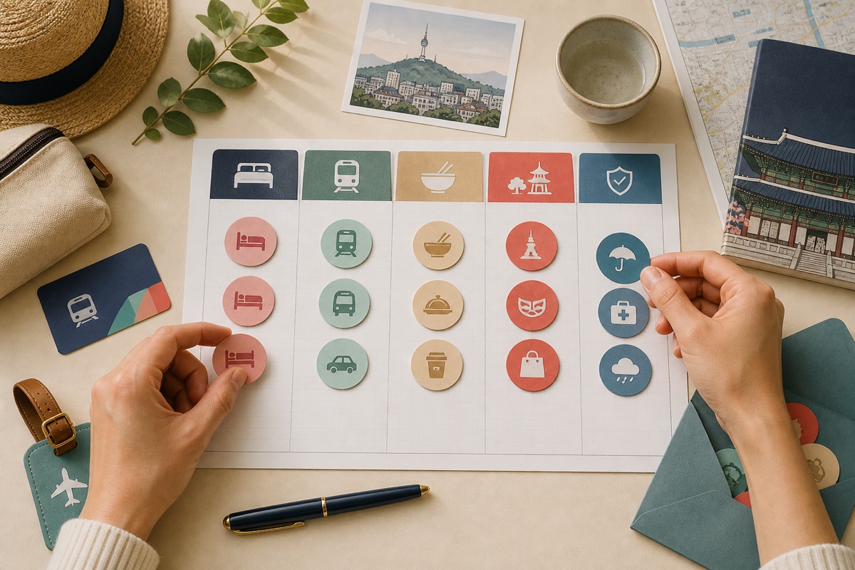 Traveler organizing a Korea trip budget into lodging, transport, food, optional activities and contingency sections
