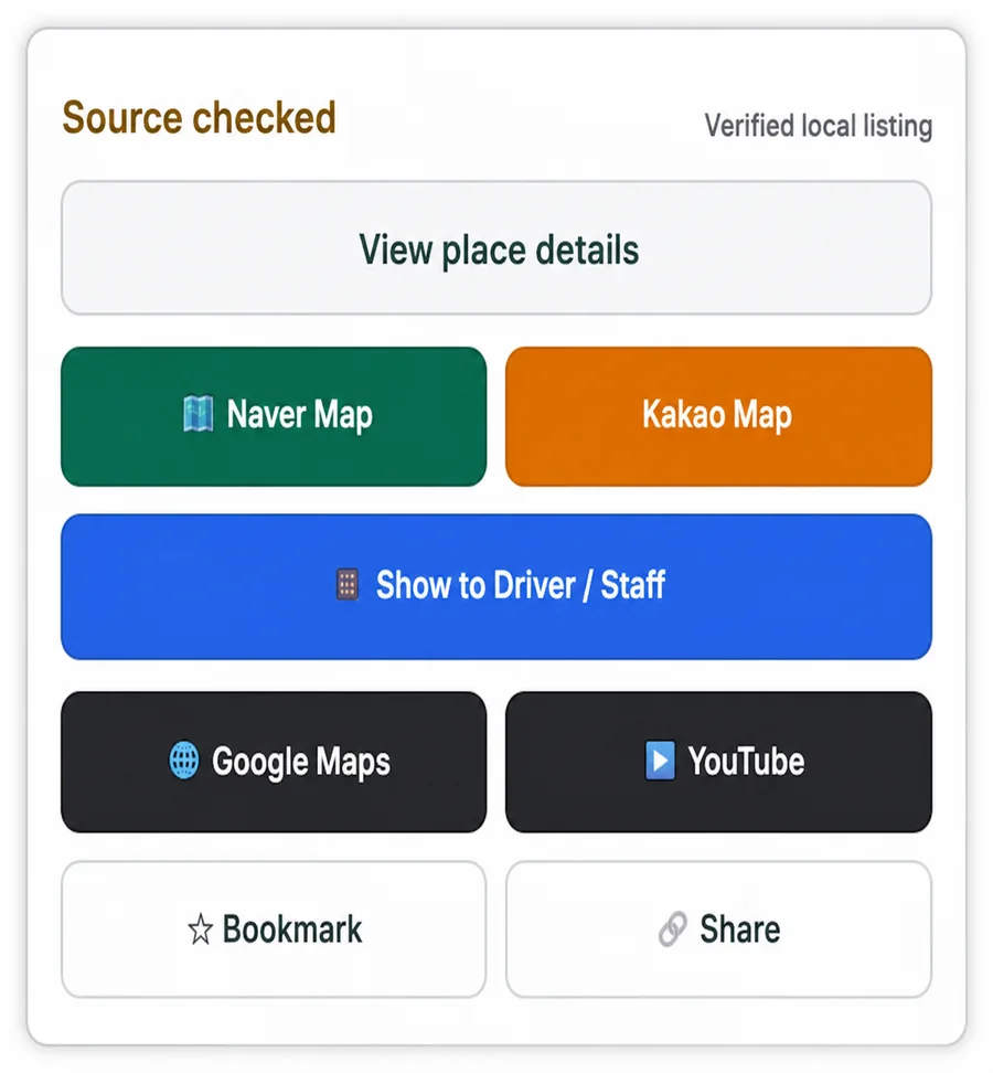 Koursea place actions with Naver Map, Kakao Map, Show to Driver, Google Maps, bookmark, and share buttons