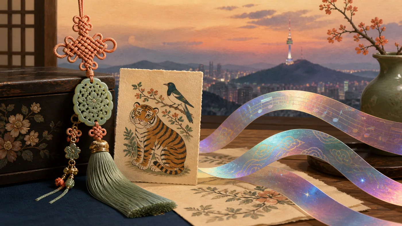 Editorial still life with Korean knotwork, a norigae pendant, a tiger-and-magpie folk-art card and abstract iridescent music ribbons