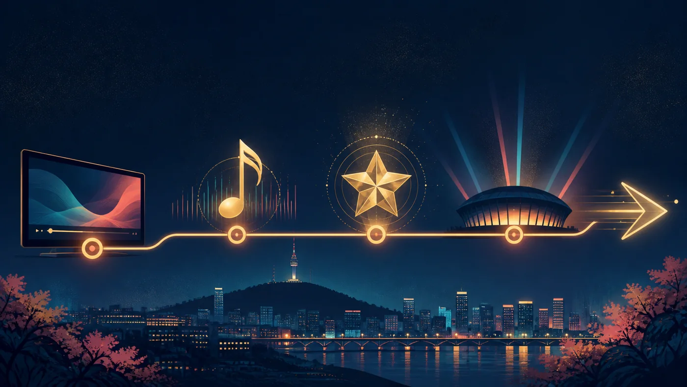 Abstract timeline over a Seoul night skyline connecting streaming, music, an award star and a concert arena