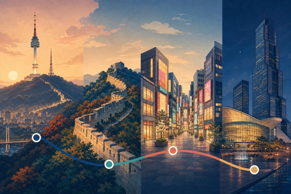 Editorial illustration connecting Namsan tower, Seoul City Wall at Naksan, a shopping street and the COEX plaza
