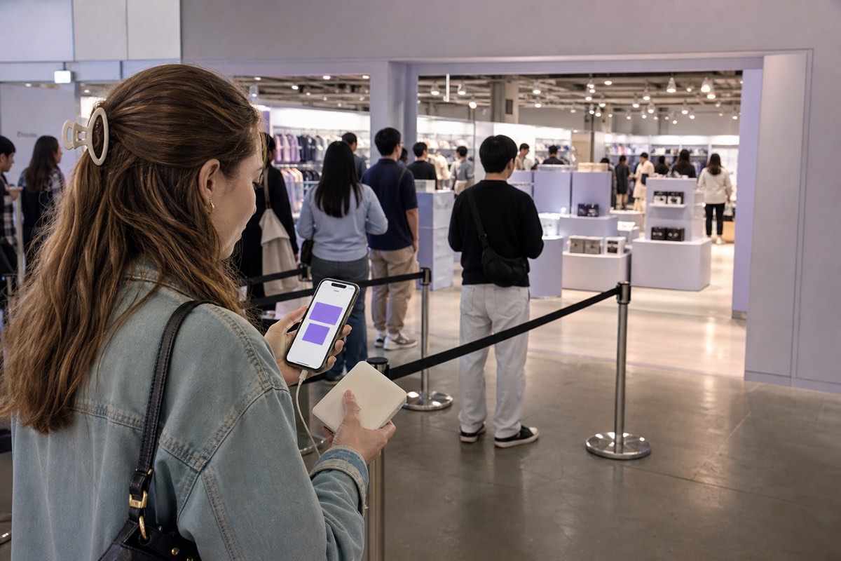 A visitor checks an abstract reservation screen and power bank before joining a timed pop-up queue