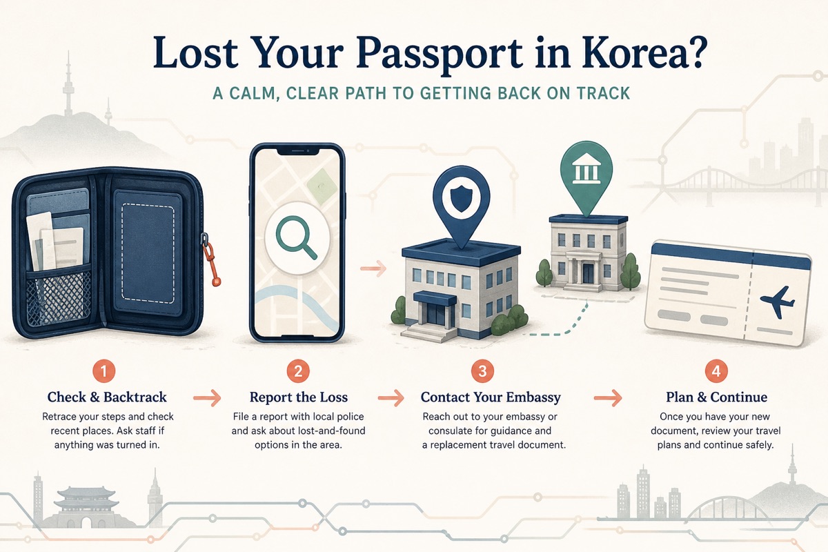 Four-step illustration showing a missing passport, lost-item search, police and embassy contact, and a revised flight plan
