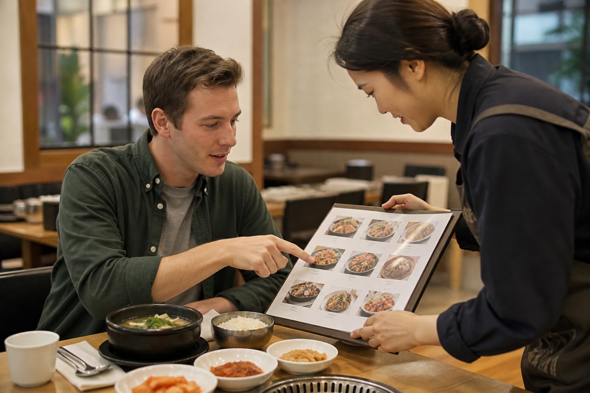 Traveler pointing to a picture menu while ordering in a Korean restaurant