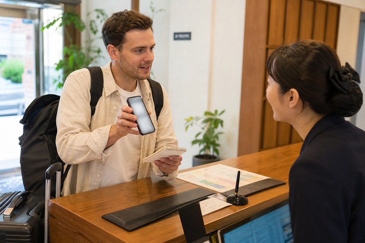 Traveler asking hotel staff for help with a restaurant reservation