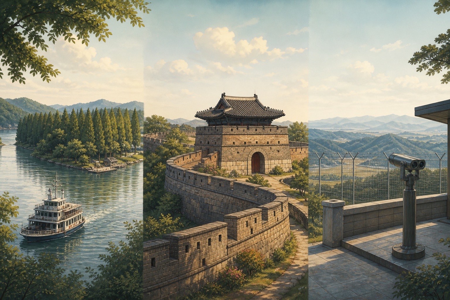 Editorial illustration comparing a Nami Island ferry, Suwon Hwaseong and a DMZ observation area