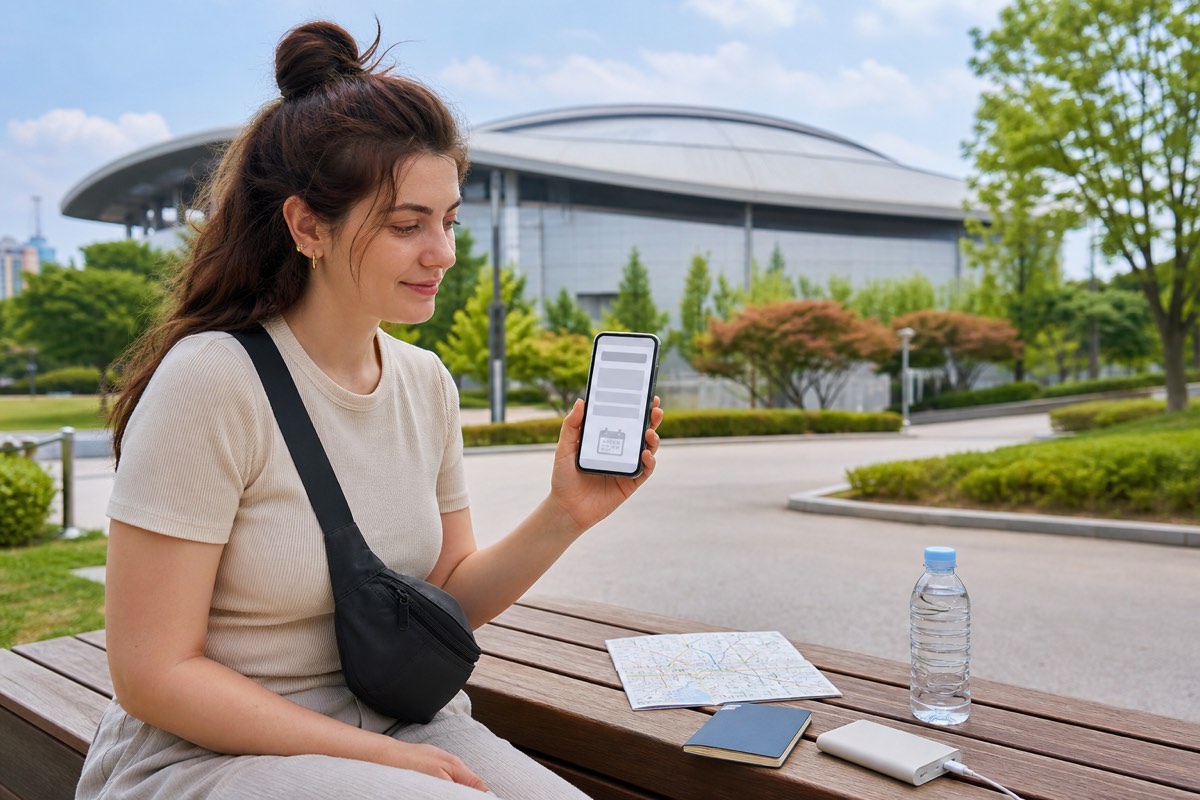 International fan checking an official notice, ID cover, battery and venue route near a Seoul arena