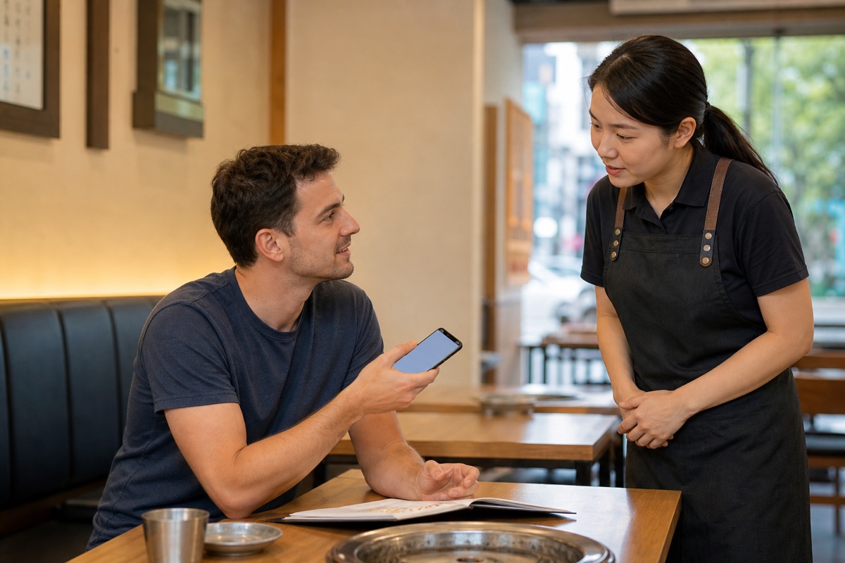Traveler using a phone translation tool with restaurant staff in Korea