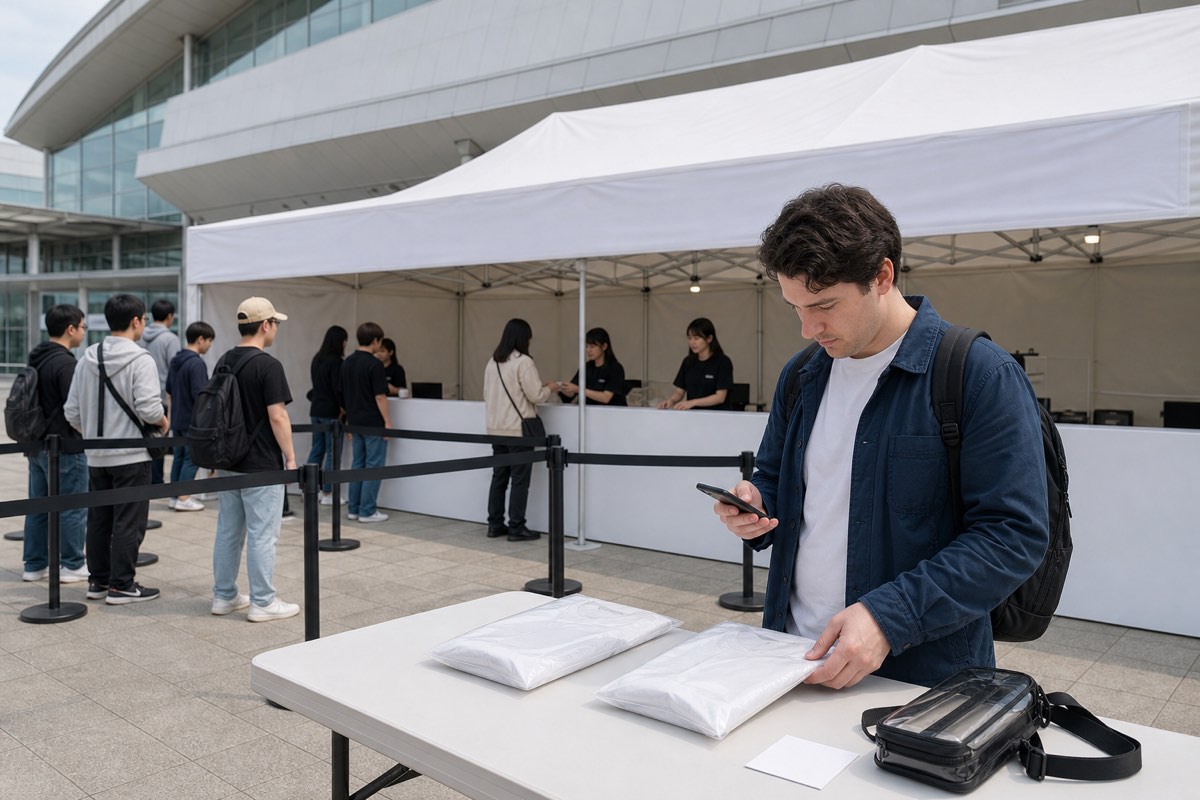 A concert visitor compares two unbranded packages with an order screen at a venue pickup inspection table