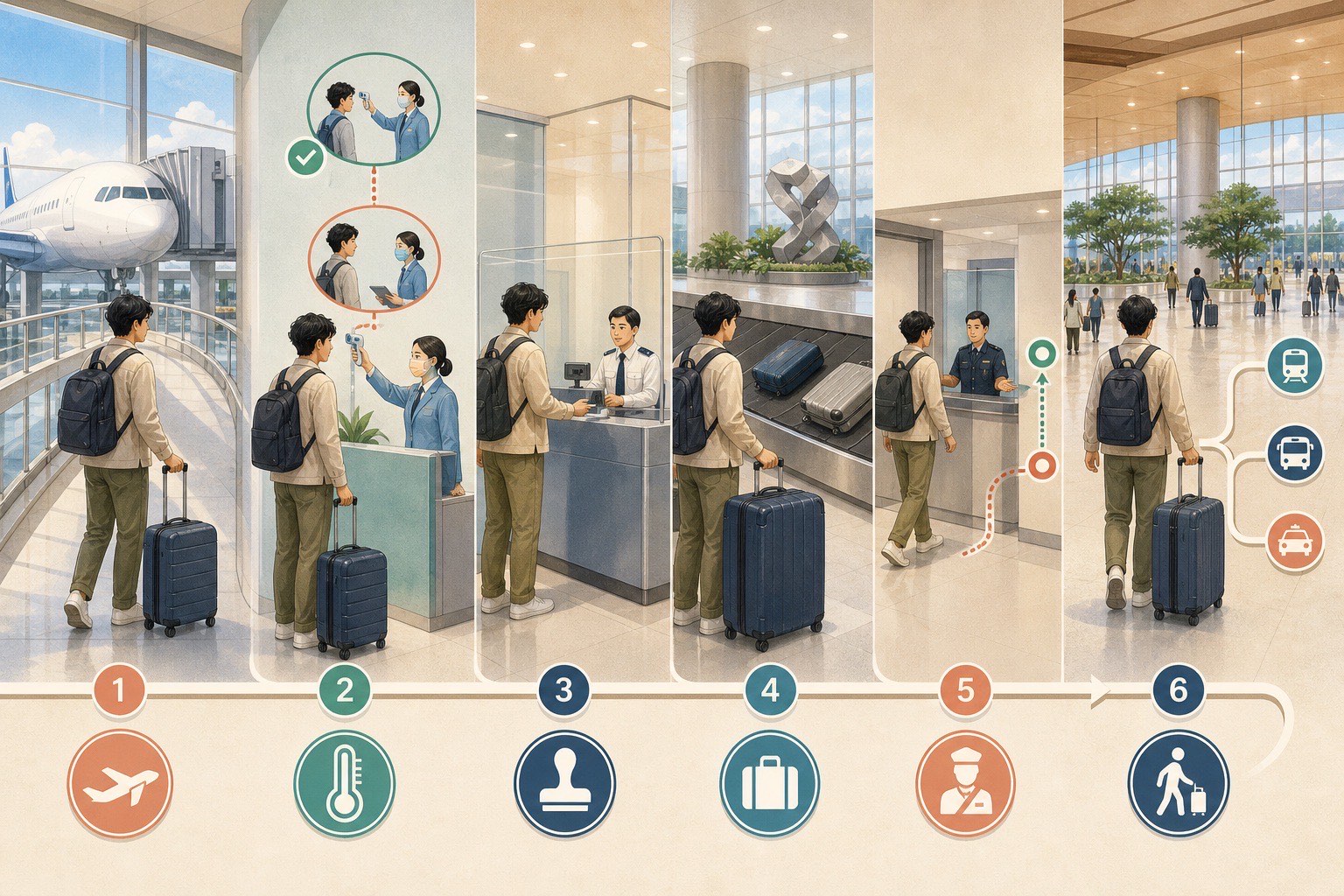 Six-stage Incheon Airport arrival path from the aircraft through conditional health screening, immigration, baggage claim, customs and the public arrival hall