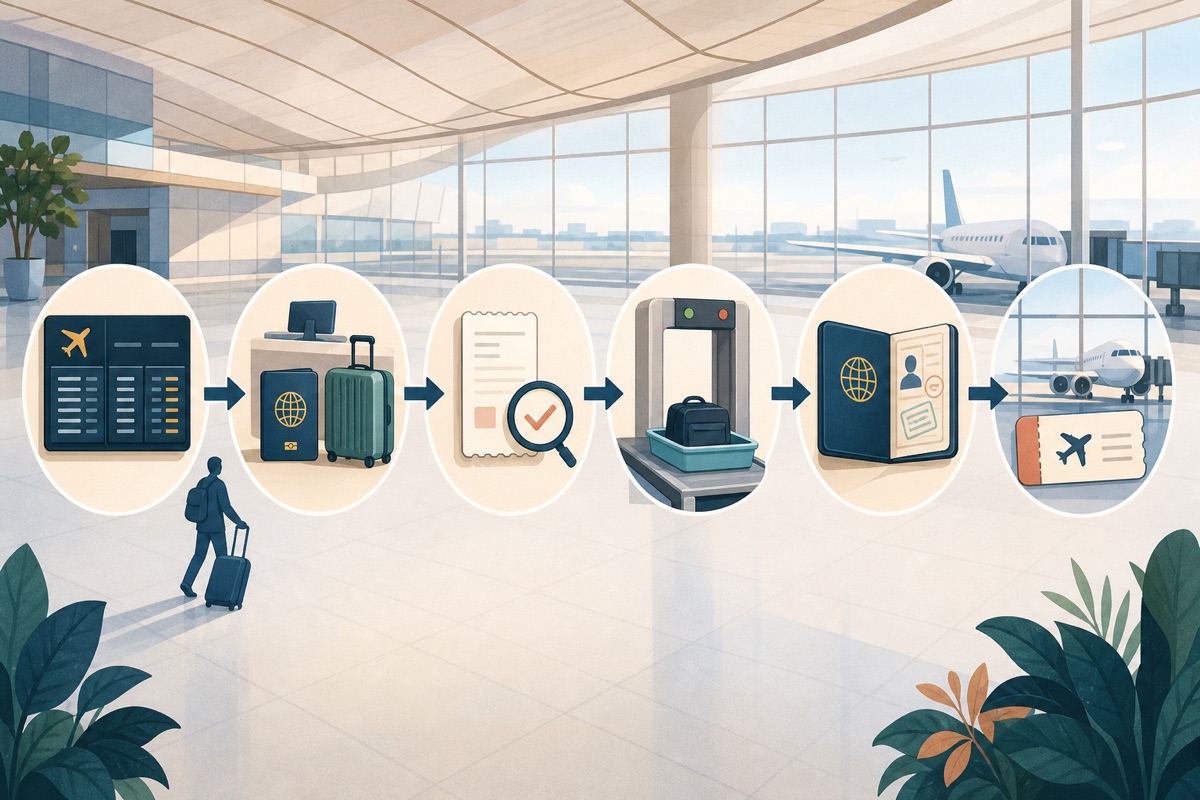 Six-stage Incheon departure path from flight and terminal confirmation through check-in, declarations, security, immigration and the boarding gate