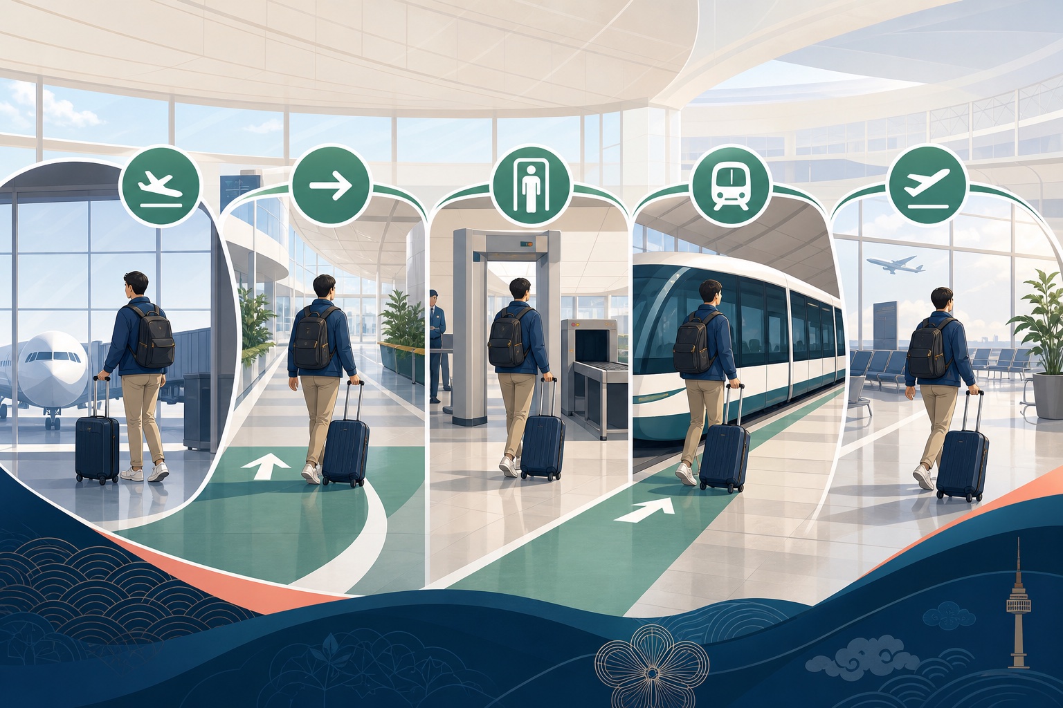 Five-stage international transfer path at a modern airport, from the arrival gate through transfer signs, security and a terminal shuttle to the onward departure gate