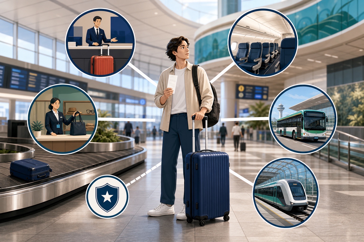 Traveler at an airport baggage carousel comparing five responsibility routes: airline baggage counter, aircraft cabin, terminal lost-and-found office, airport bus and airport train