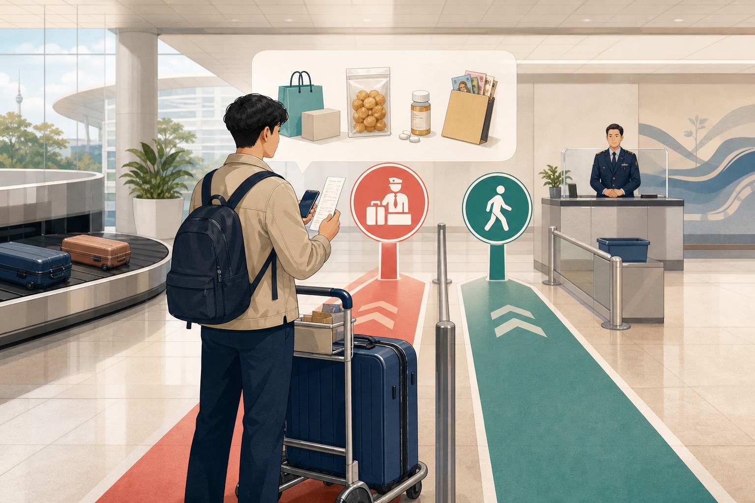 Traveler reviews purchases, packaged food, medicine and money before choosing a staffed declaration route or the nothing-to-declare route at airport customs
