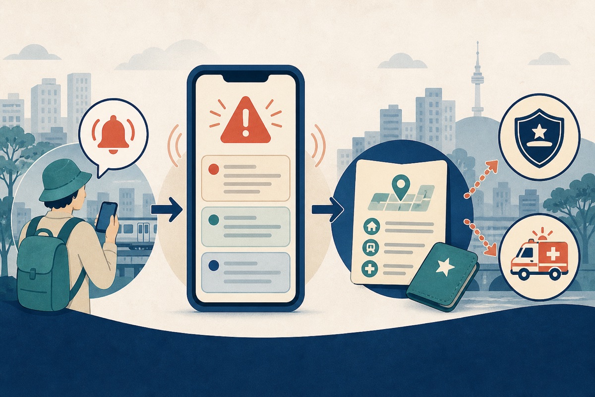 Traveler checks a generic phone alert, saves a location card and keeps police and ambulance call routes ready
