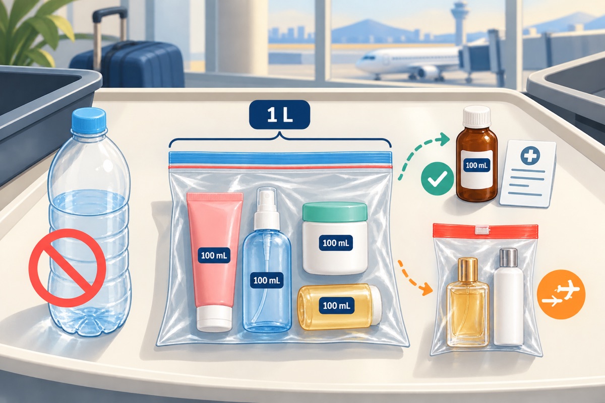 Carry-on liquid packing check with one 1 L transparent bag of 100 ml containers, a larger rejected bottle, documented medicine and sealed duty-free liquids